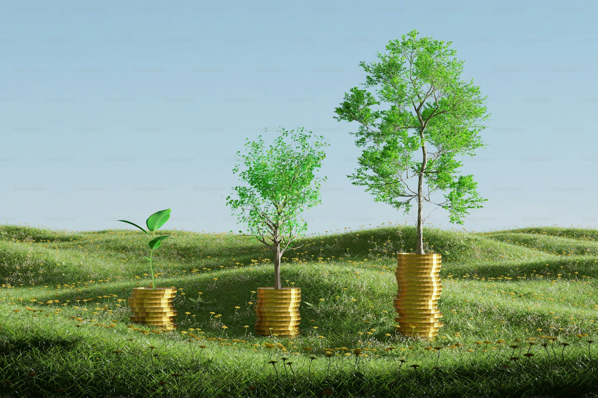Arbres qui grandissent sur des piles de pièces — croissance financière progressive